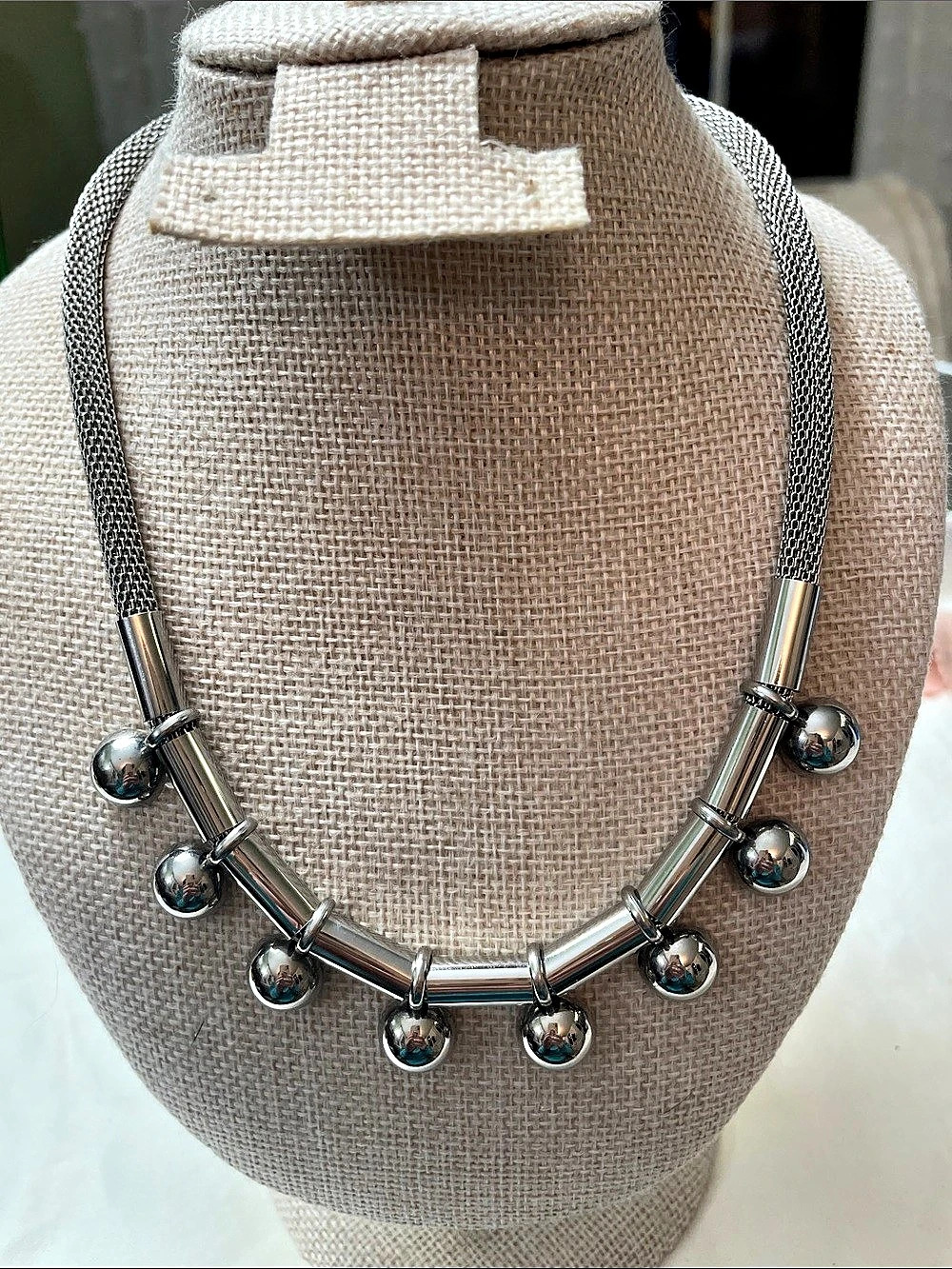 Silver-Tone Beaded Statement Necklace 8” drop